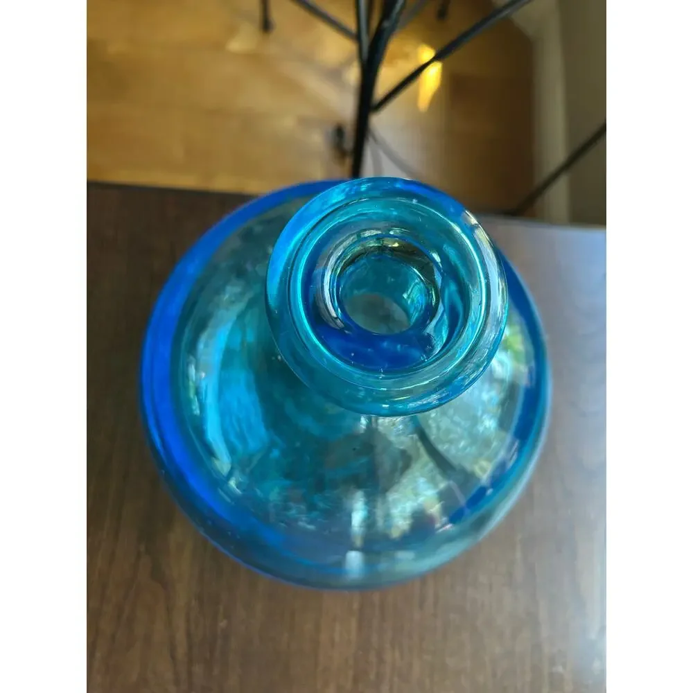 LARGE Blue Demijohn Studio Blown Glass bottle Crackled Bottom Polished Pontil